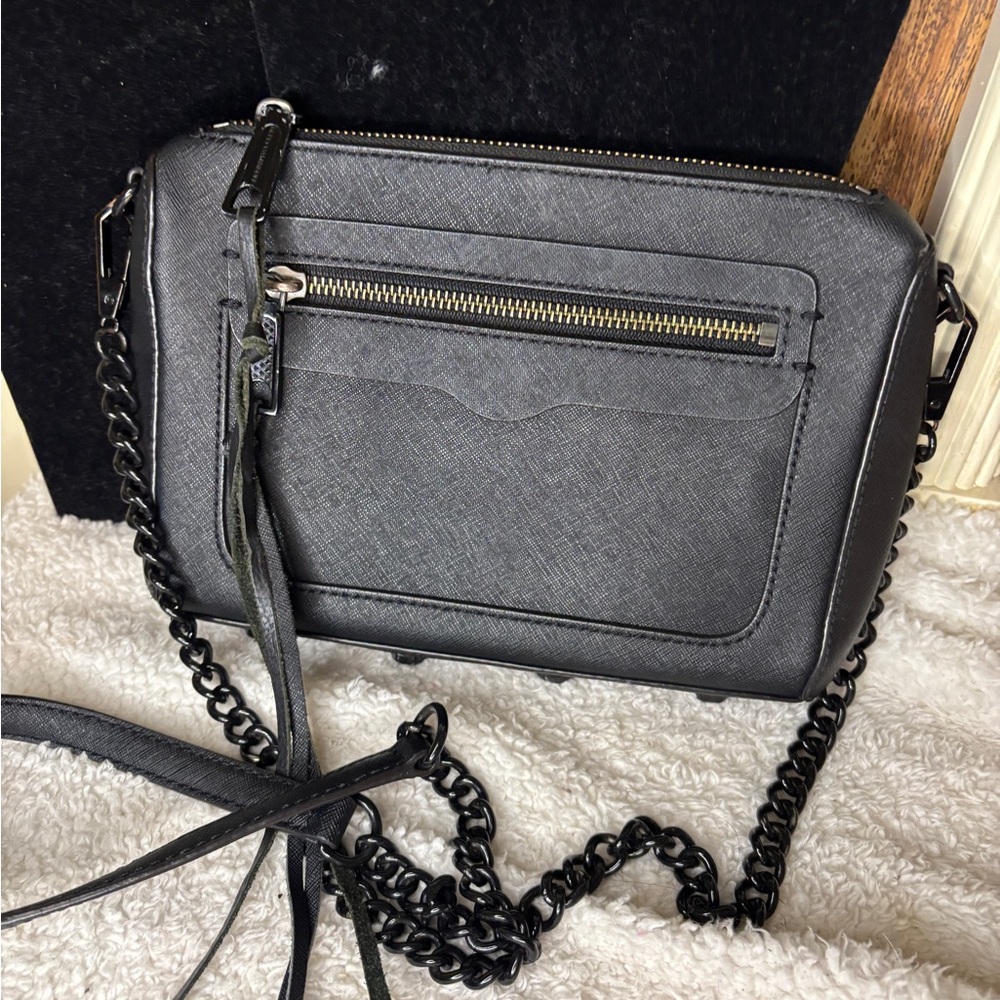 Rebecca Minkoff Black Saffiano Leather Crossbody Bag with Stunning Black Chain